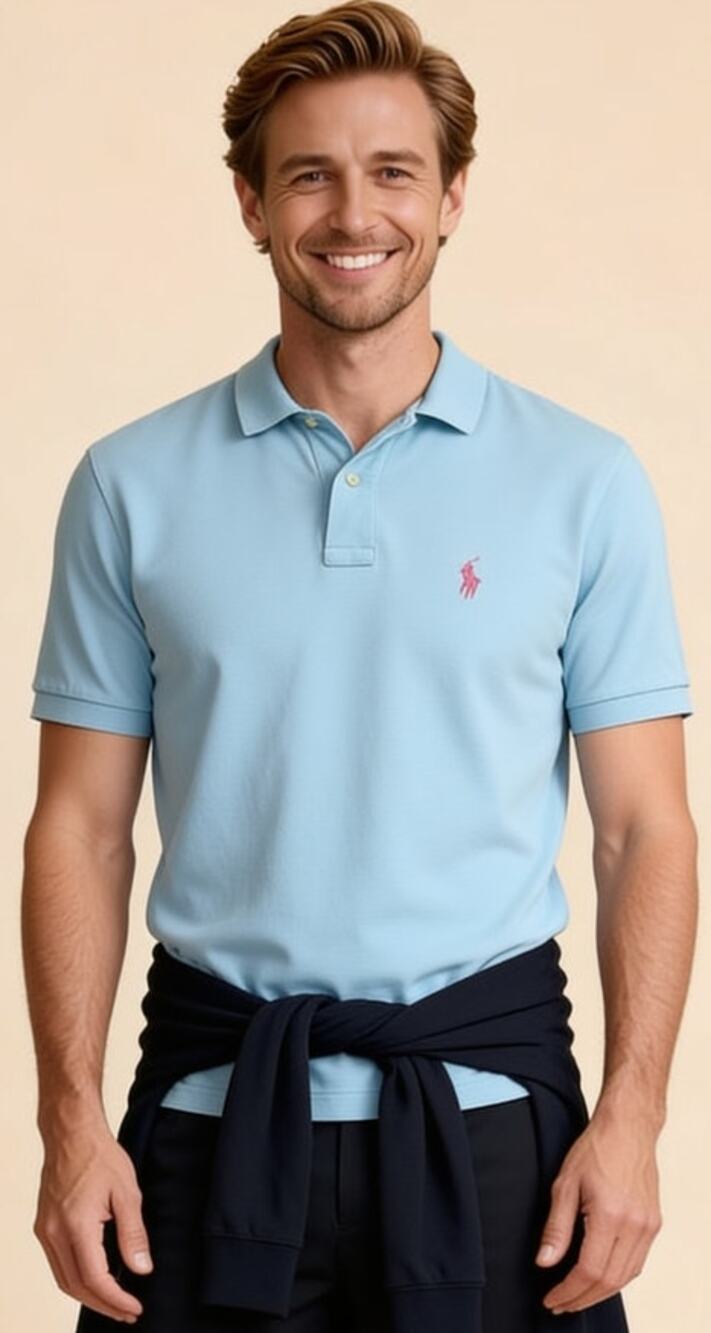 Polo Ralph Lauren Custom Fit Polo Shirt Light Blue Pink Pony Men’s M